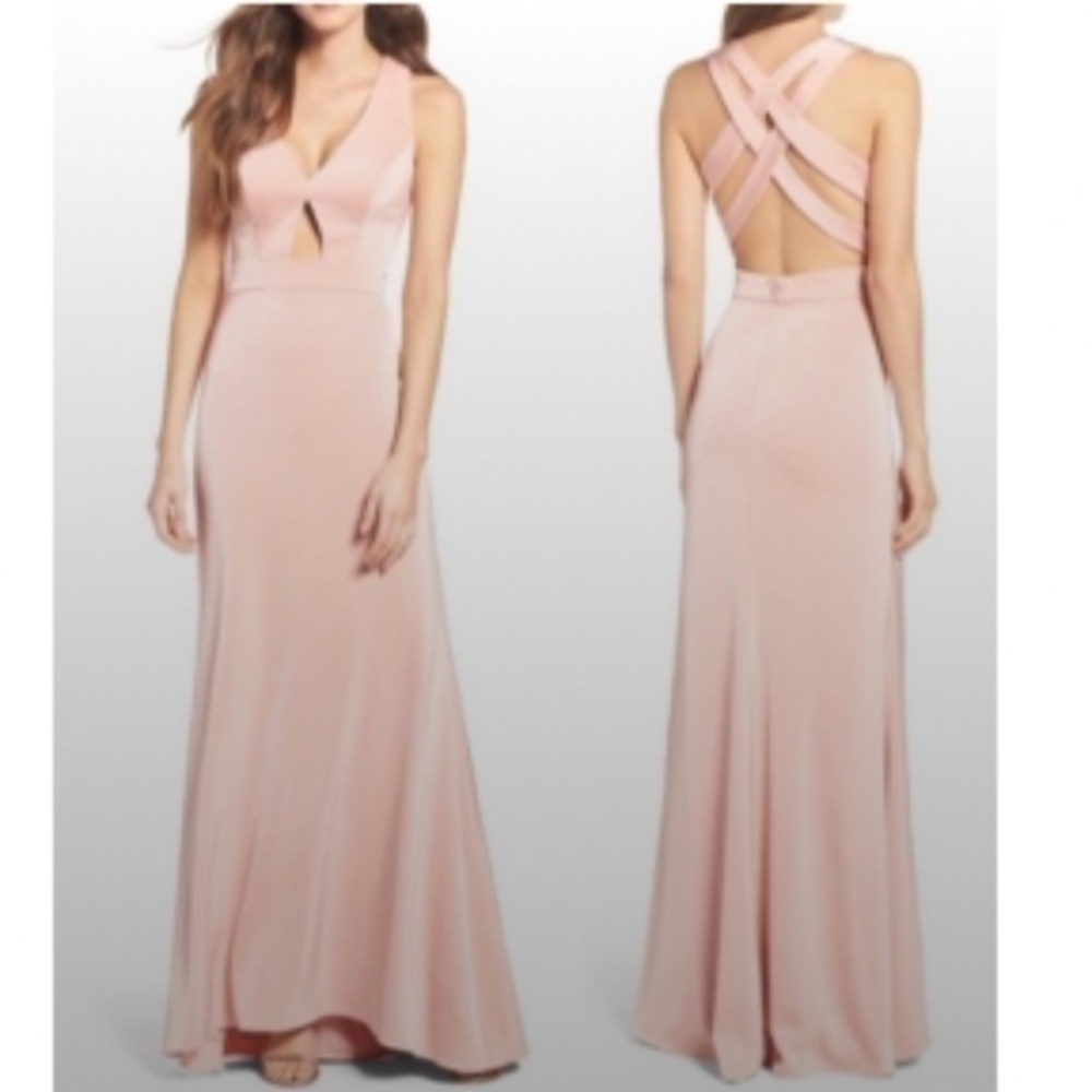 Xscape Gown Criss Cross Back V Neck in Blush Pink